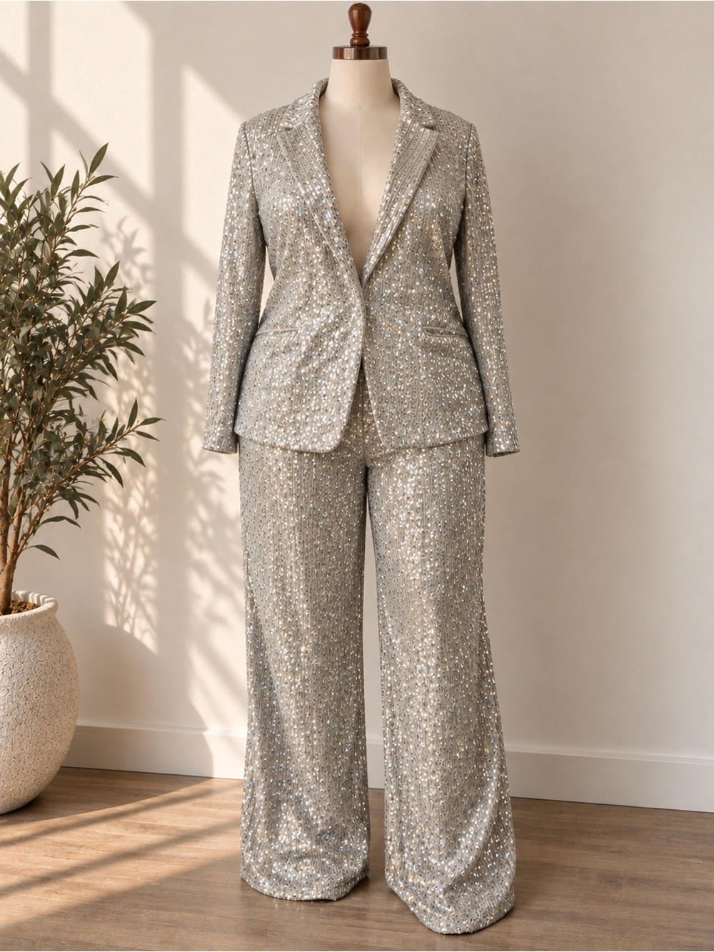 Express Silver Sequin Pantsuit L XL Disco Ball Halloween Costume NYE Party